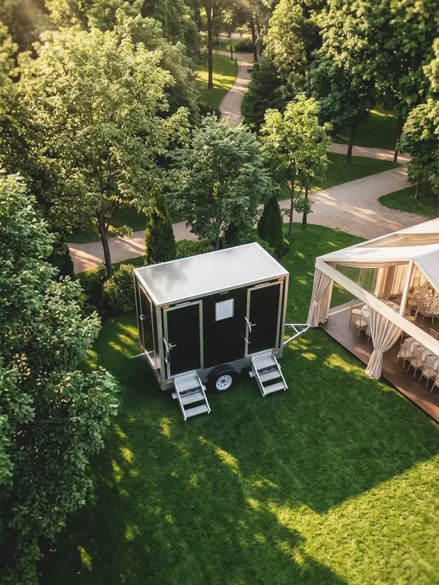 Two-stall restroom trailer on a lawn beside a tent