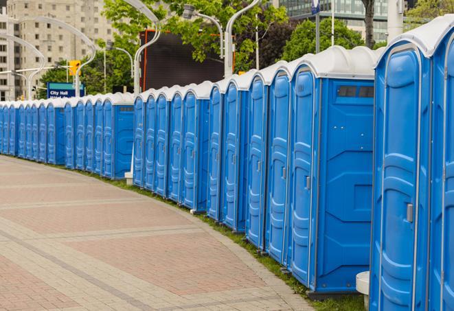 a row of portable restrooms at a fairground, offering visitors a clean and hassle-free experience in hackettstown